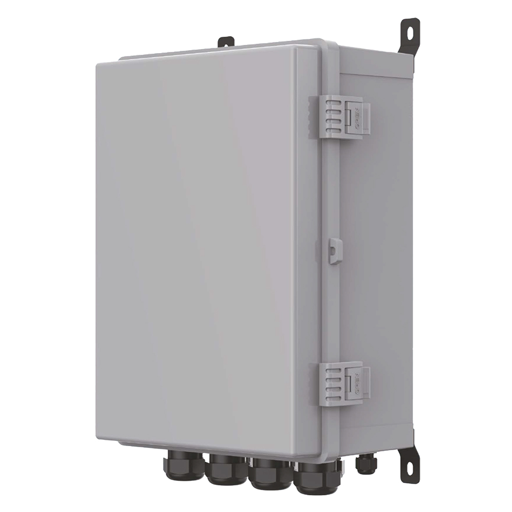 Schrägansicht der grauen Solax EMS1000 Pro Box mit Anschlüssen und Montagelöchern