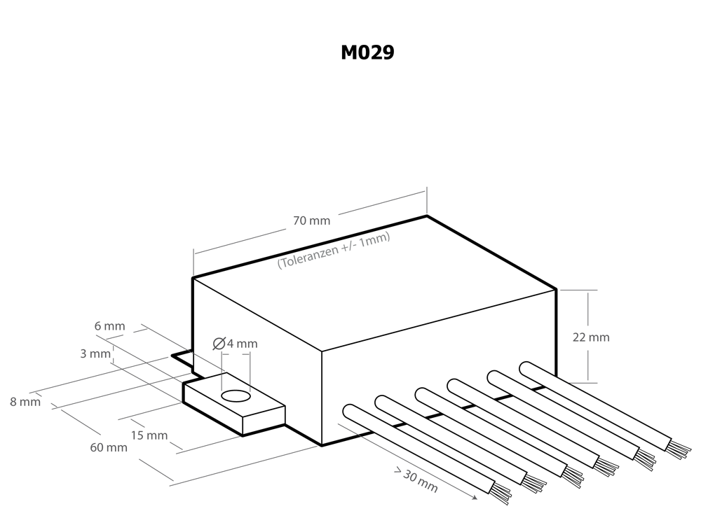 Technische Zeichnung des Kemo Gleichspannungswandlers M029 mit Abmessungen: 70x22x60mm