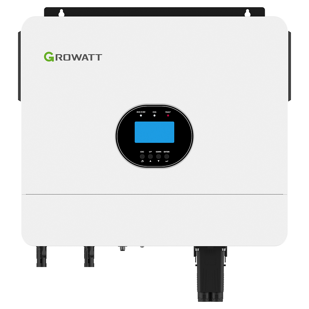 Frontansicht des weißen Growatt SPF6000 ES Plus Off-Grid Speicher-Wechselrichters mit Display, Anschlüssen und Montagelöchern
