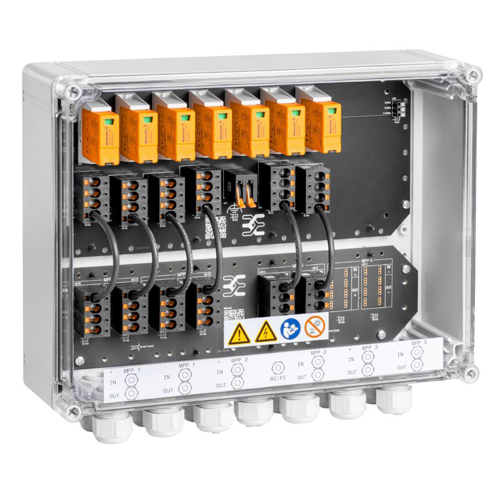 Schrägansicht: Weidmüller PV Next Generatoranschlusskasten, transparenter Deckel, 3 Ein- & Ausgänge