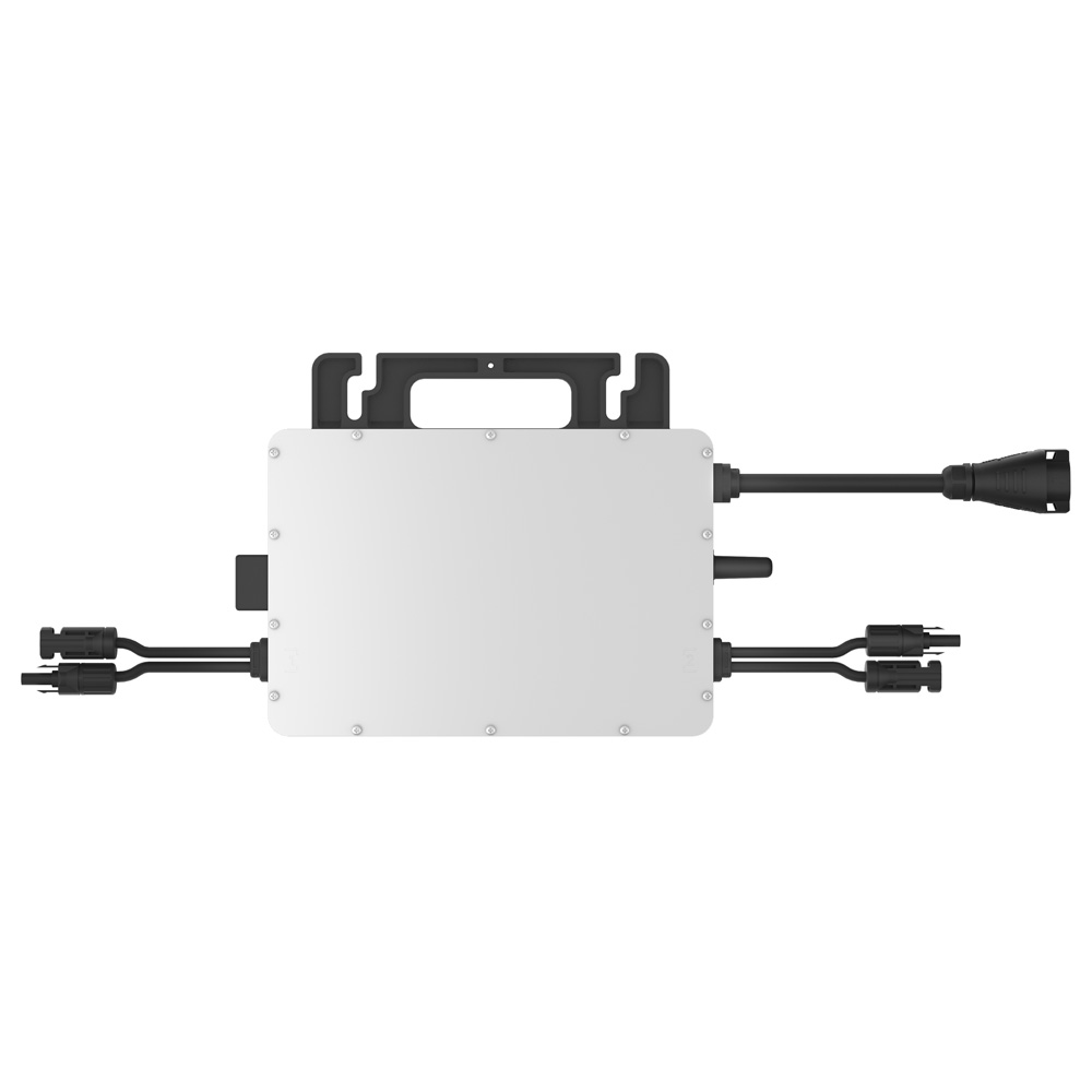 Frontansicht: Schwarz-grauer Hoymiles HMS-800-2WB HiFlow Pro Wechselrichter mit Anschlüssen und Montagelöchern