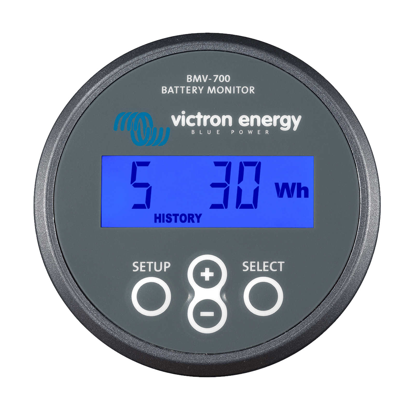 Batterie-Monitor in grau mit blauem Display und Anzeige