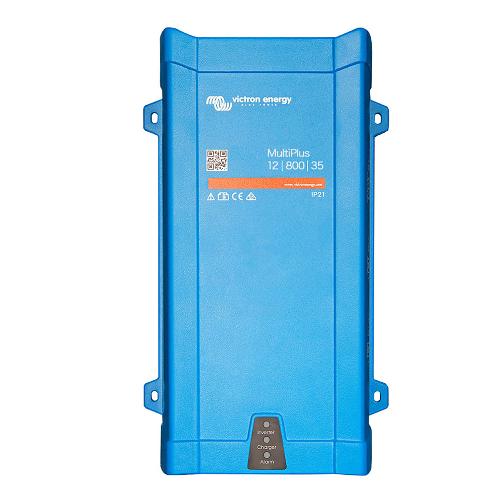 Frontansicht: blauer Victron MultiPlus 12/800/35-16 230V mit LEDs und Montagelöchern