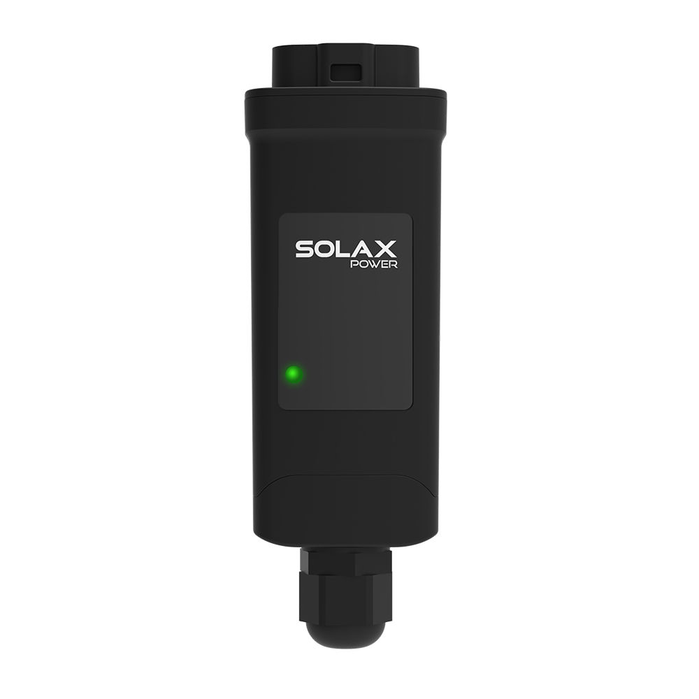 Frontansicht: Solax Pocket WiFi+LAN Modul in Schwarz, LED-Statusanzeige, integrierter LAN-Anschluss
