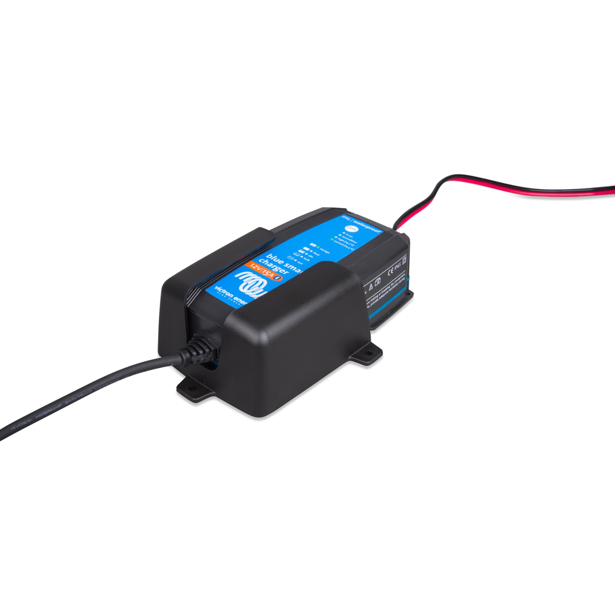 Victron Wandhalterung für Blue Smart IP65 Schrägansicht links mit Batterieladegerät als Beispiel