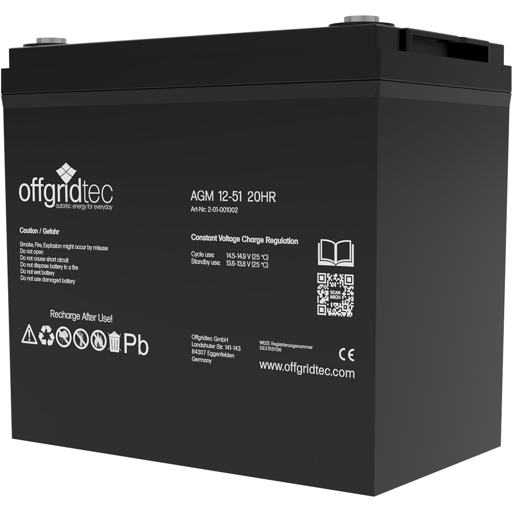 Batterie in schwarz, Ansicht schräg, sichtbare Aufschrift und Ansteckpole