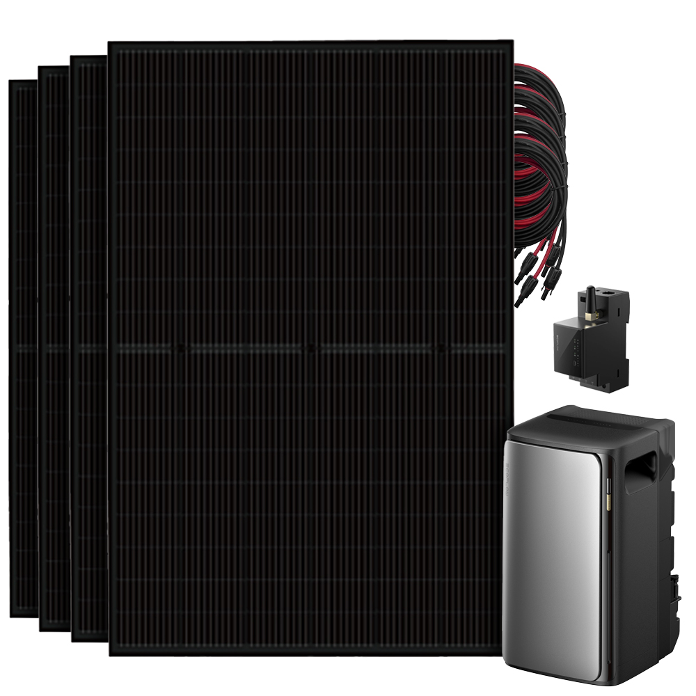 Setansicht: 4 Full-Black Solarmodule, EcoFlow Stream Ultra All-in-One Speicher System, 4 MC4-Verbindungskabel und Stromzähler
