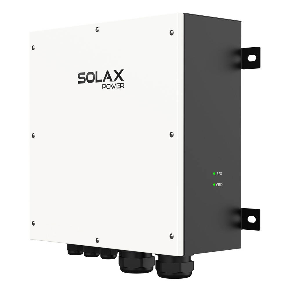 Schrägansicht von rechts: Solax X3-PBOX-60kW-G2 mit Montagehalterungen & Kabelverschraubungen und LED-Anzeige