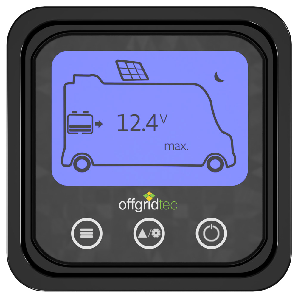 Frontansicht des Offgridtec Fernanzeige-Displays für MPPT Pro Duo Laderegler mit Spannungsanzeige und Bedienknöpfen