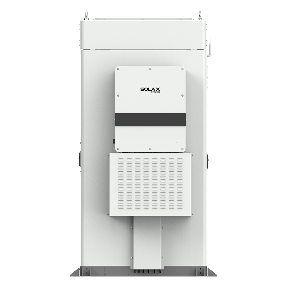 Seitenansicht rechts: AELIO-B200 Energy Storage mit großem Lüftungsgitter unten und SolaX-Modulgehäuse im oberen Bereich