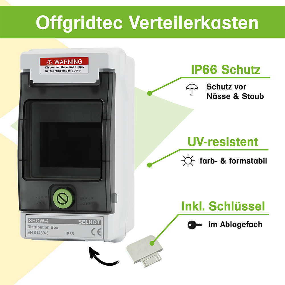 Infografik: Verteilerkasten 4 TE: IP66 Schutz, UV-Resistenz, Inklusive Schlüssel in herausnehmbarem Schubfach Infografik: Verteilerkasten 4 TE: IP66 Schutz, UV-Resistenz, Inklusive Schlüssel in herausnehmbarem Schubfach