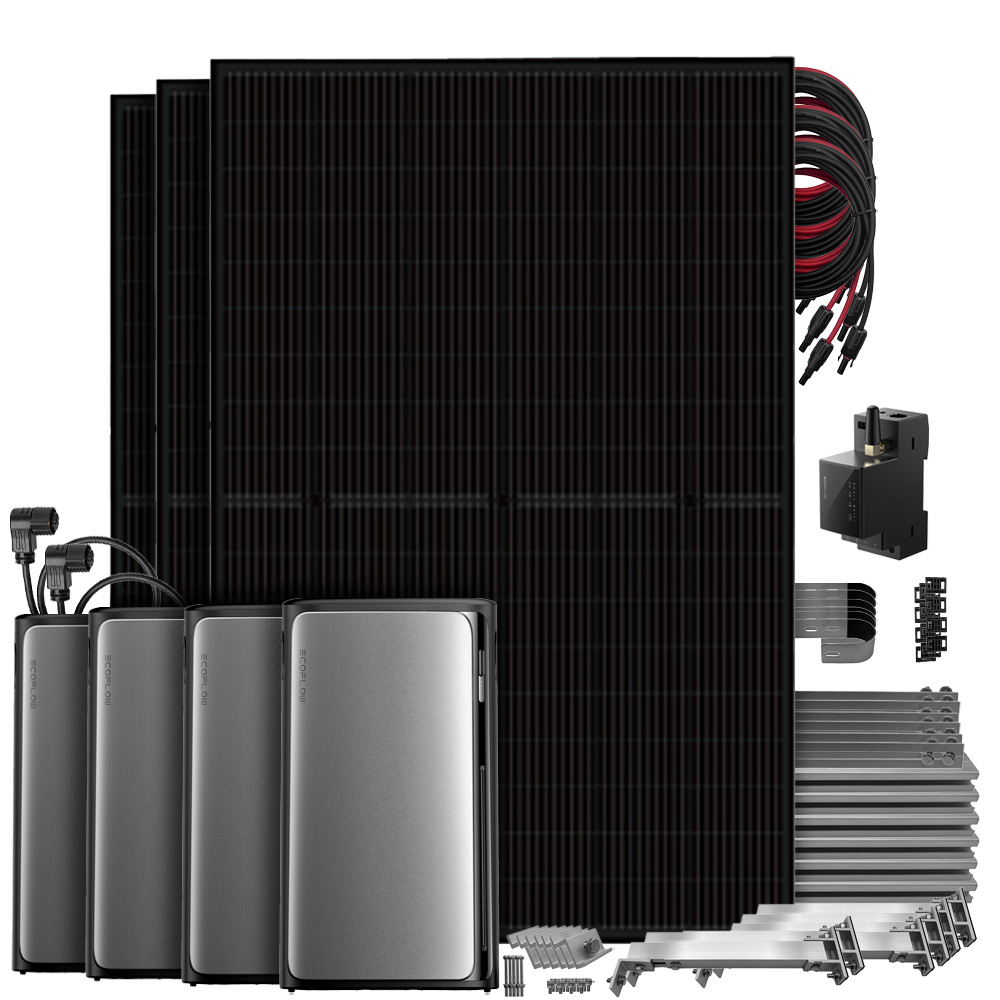 Setansicht: 3 Solarmodule, EcoFlow Stream Pro All-in-1 System, 3 AC Pro Batterien, Smart Meter, Kabeln & Balkon-Montageset