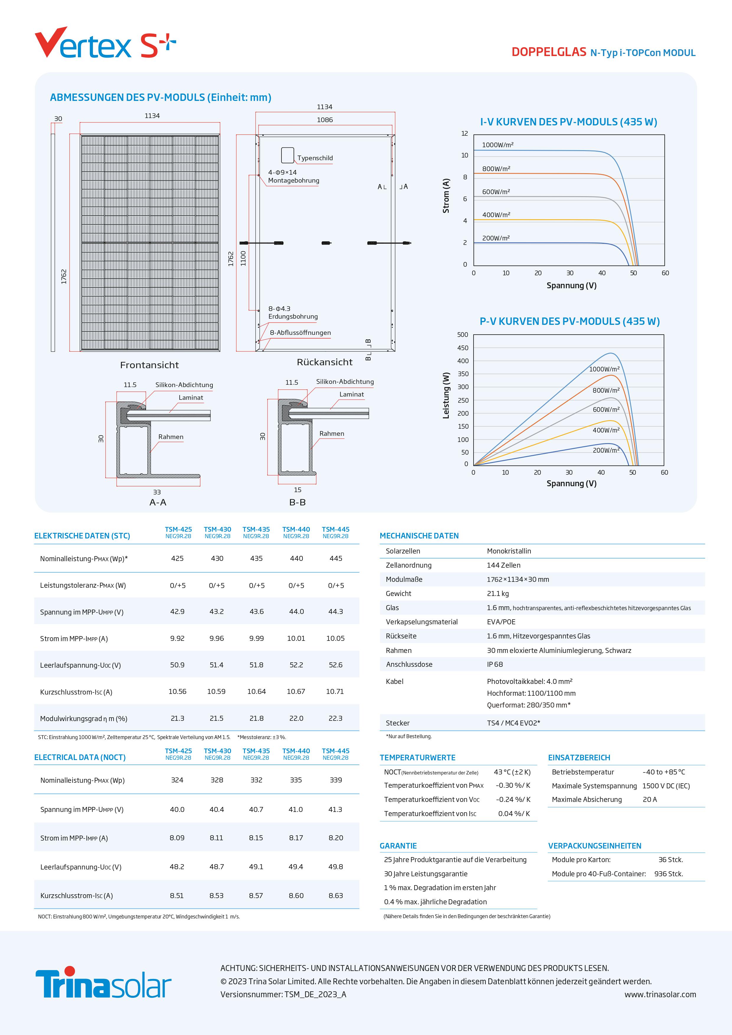 Datenblatt Seite 2 des Trina Solar 445W Vertex S+ Dual-Glas N-Type TopCon Solarmoduls; auch in den Downloads zu finden