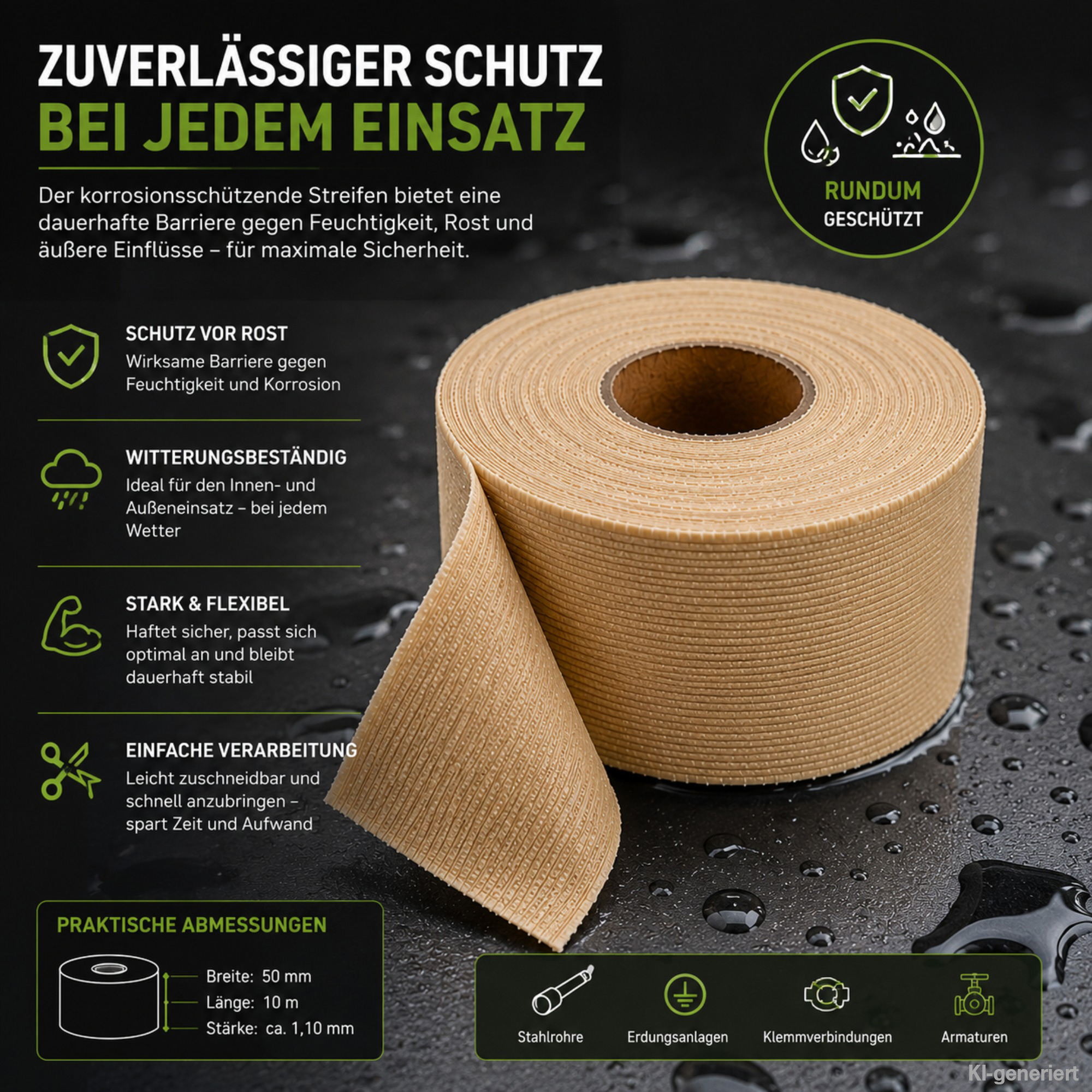 liegende ausgepackte Rolle auf nassen, grauen Hintergrund mit USPs auf der linken und unteren Seite