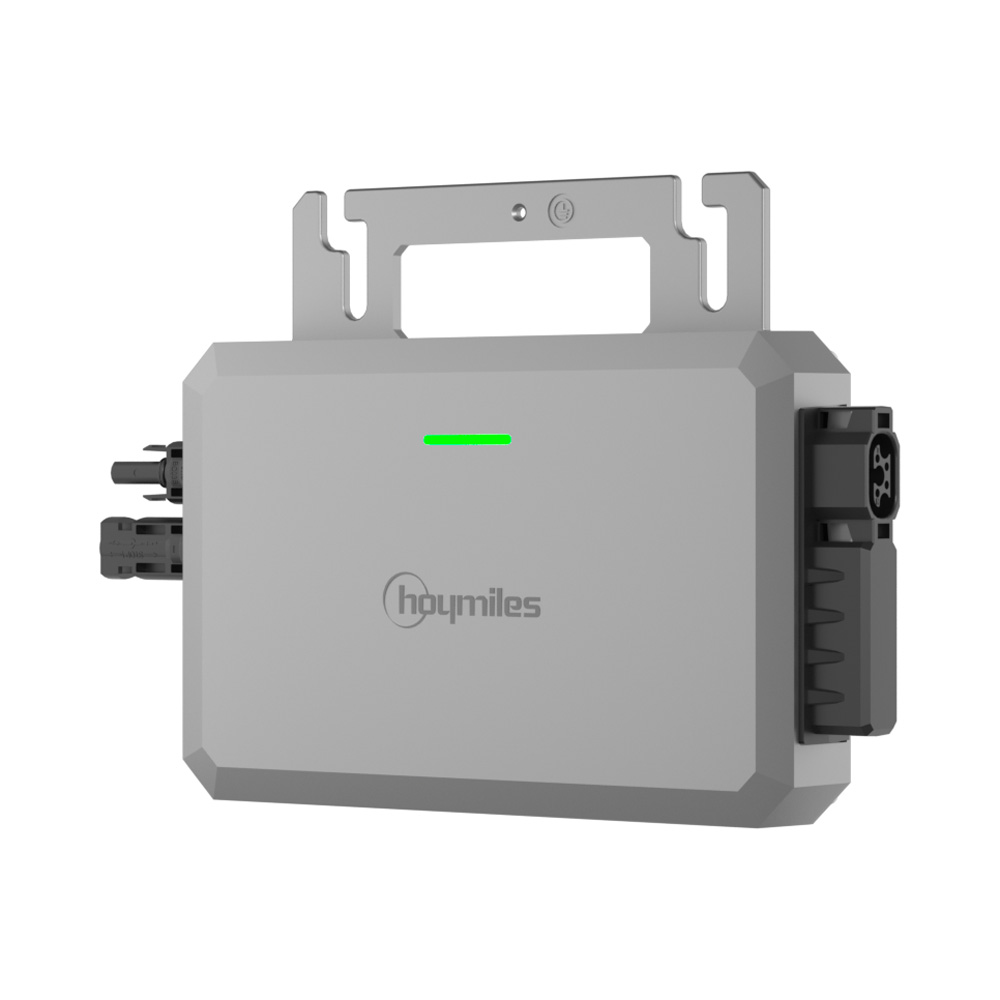 Schrägansicht von rechts: Grauer Hoymiles HF-800-2WB WiFi HiFlow Mikro-Wechselrichter mit Anschlüssen und Montagelöchern