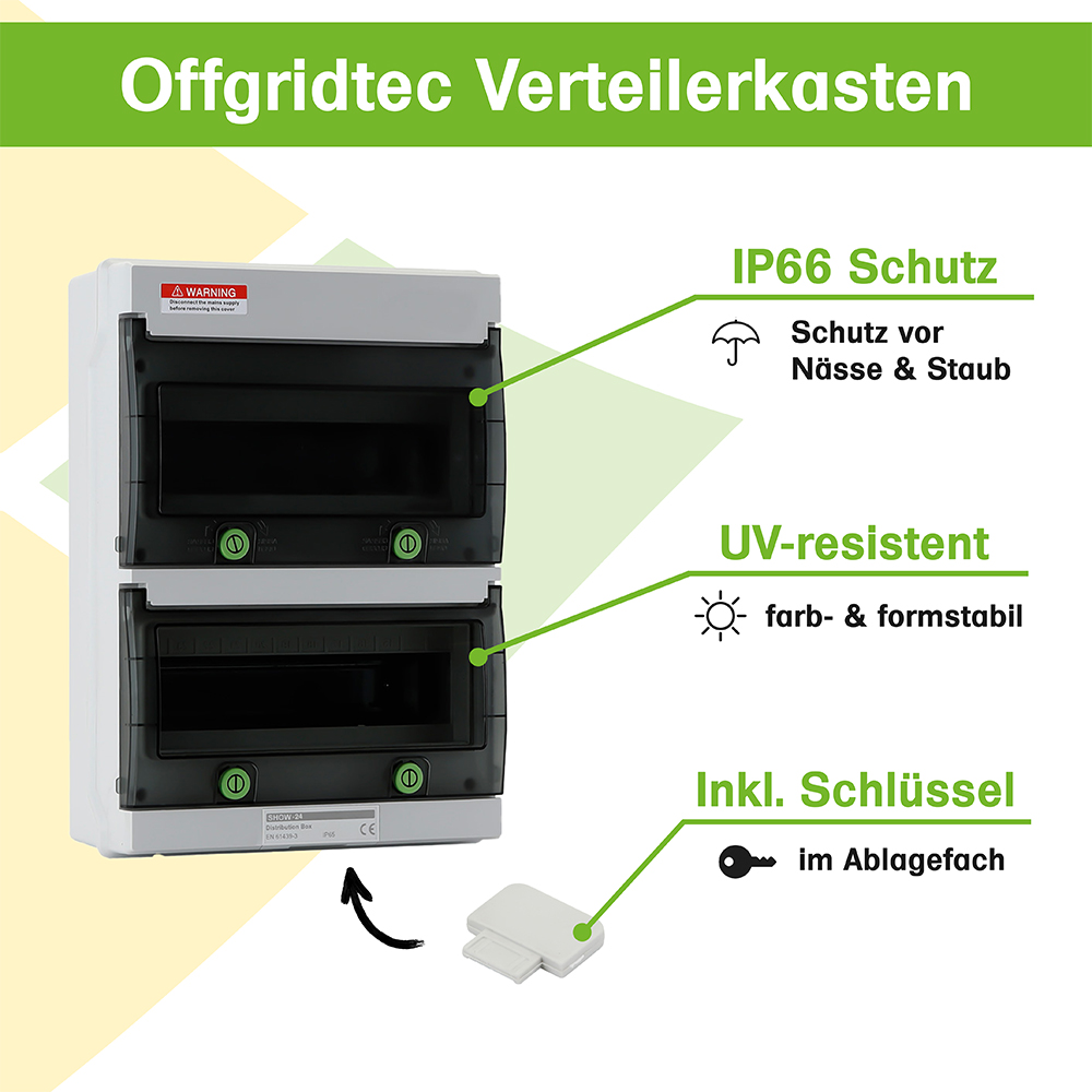 Infografik: Verteilerkasten 18 Eingänge: IP66 Schutz, UV-Resistenz, Inklusive Schlüssel in herausnehmbarem Schubfach Infografik: Verteilerkasten 18 Eingänge: IP66 Schutz, UV-Resistenz, Inklusive Schlüssel in herausnehmbarem Schubfach