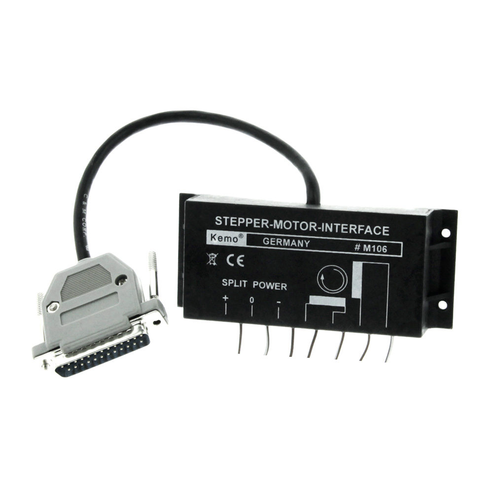 Schrittmotor in schwarz mit weißer Aufschrift, vorgebohrten Montagelöchern und Anschlusskabel