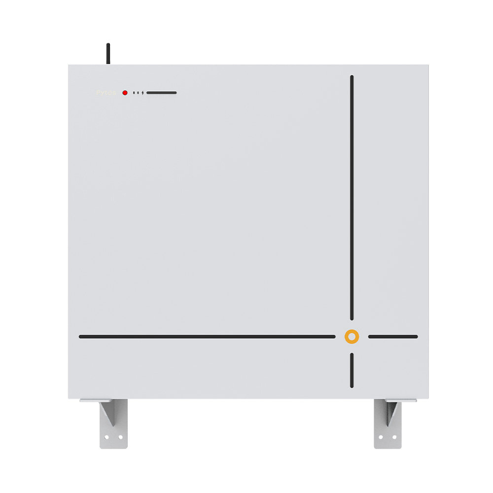 Frontansicht eines hängenden Pytes V16 Lite LiFePO4 Batteriespeichers mit weißem Gehäuse und schwarzen Linien