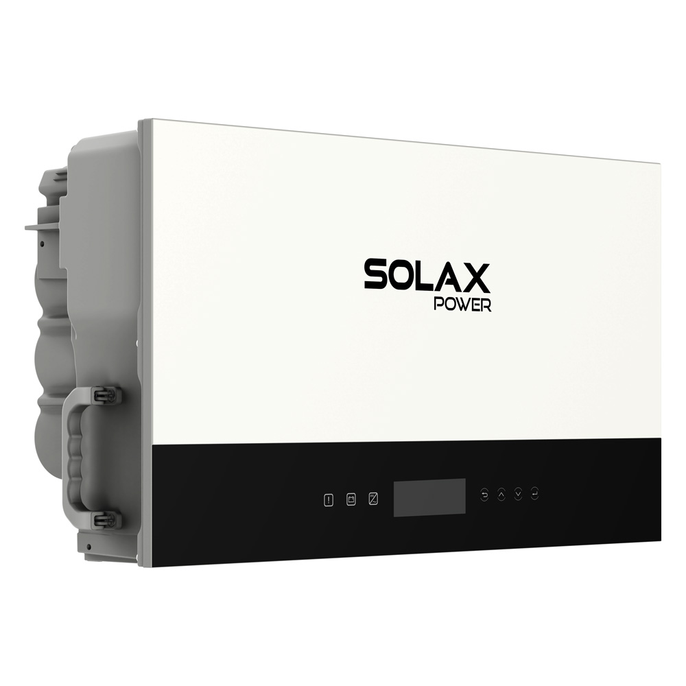 Schrägansicht von links: weißer Solax X3-IES-4K Inverter, schwarzes Bedienfeld, Display und Solax Logo; Griff links