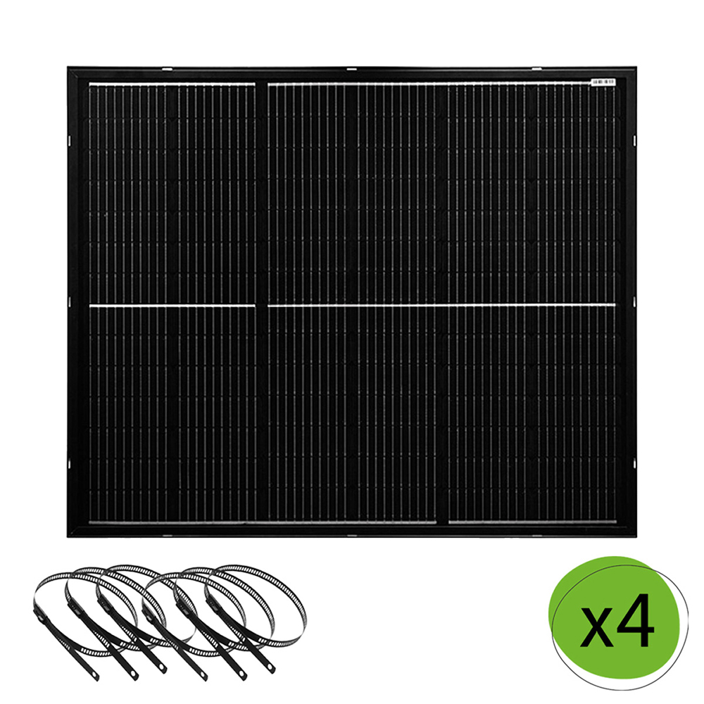 Offgridtec Balkon-Solarmodul mit dünnem Alurahmen und Metallkabelbindern, unten rechts steht "x4" als Mengenangabe