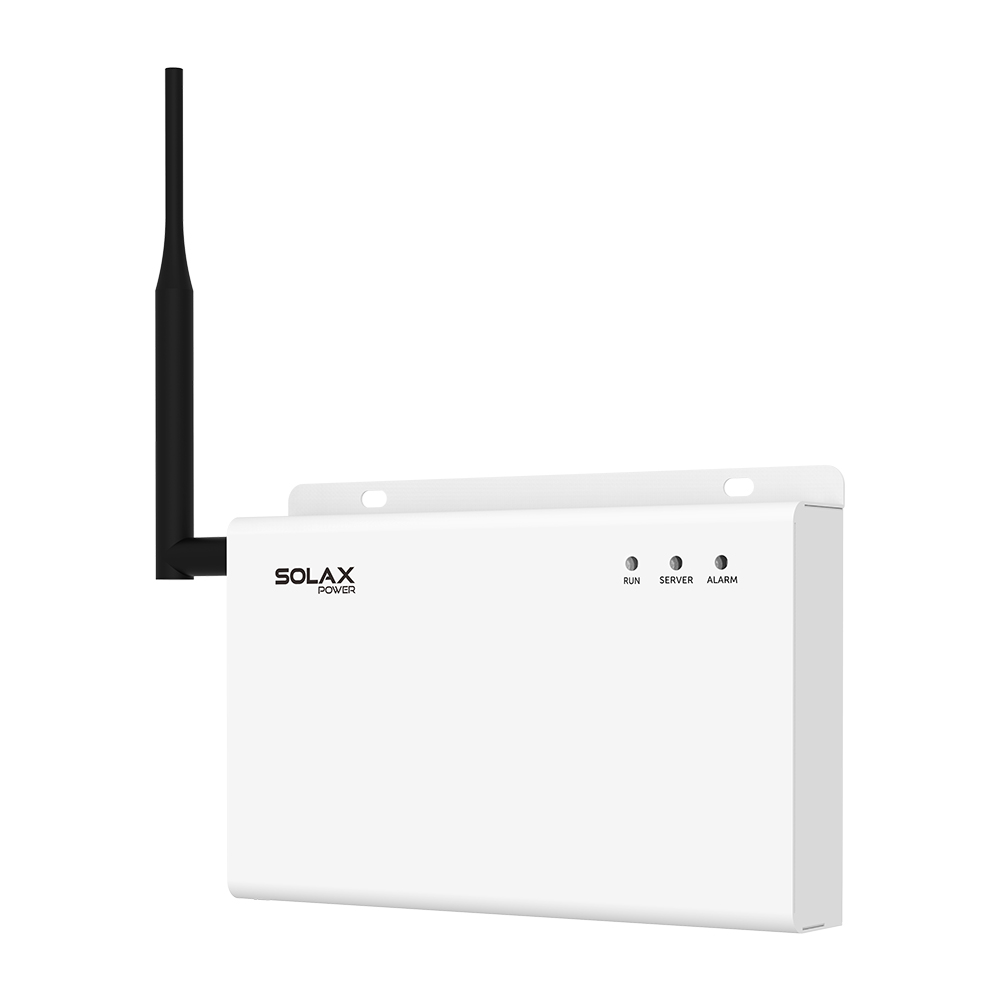 Schrägansicht von rechts: lichtgrauer Solax Smart Datahub 1000 mit Status-LEDs, seitlichen Anschlüssen + schwarzer Antenne