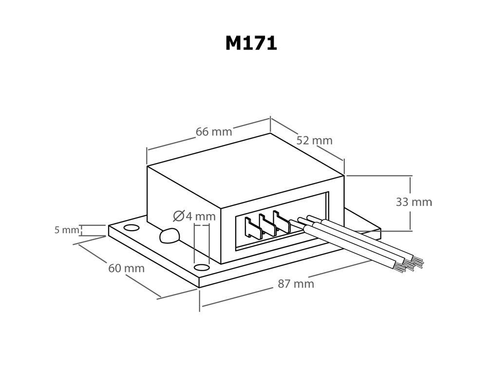 Zeichnung des Kemo PWM Leistungsreglers (M171) mit Abmessungen: 87x33x60mm
