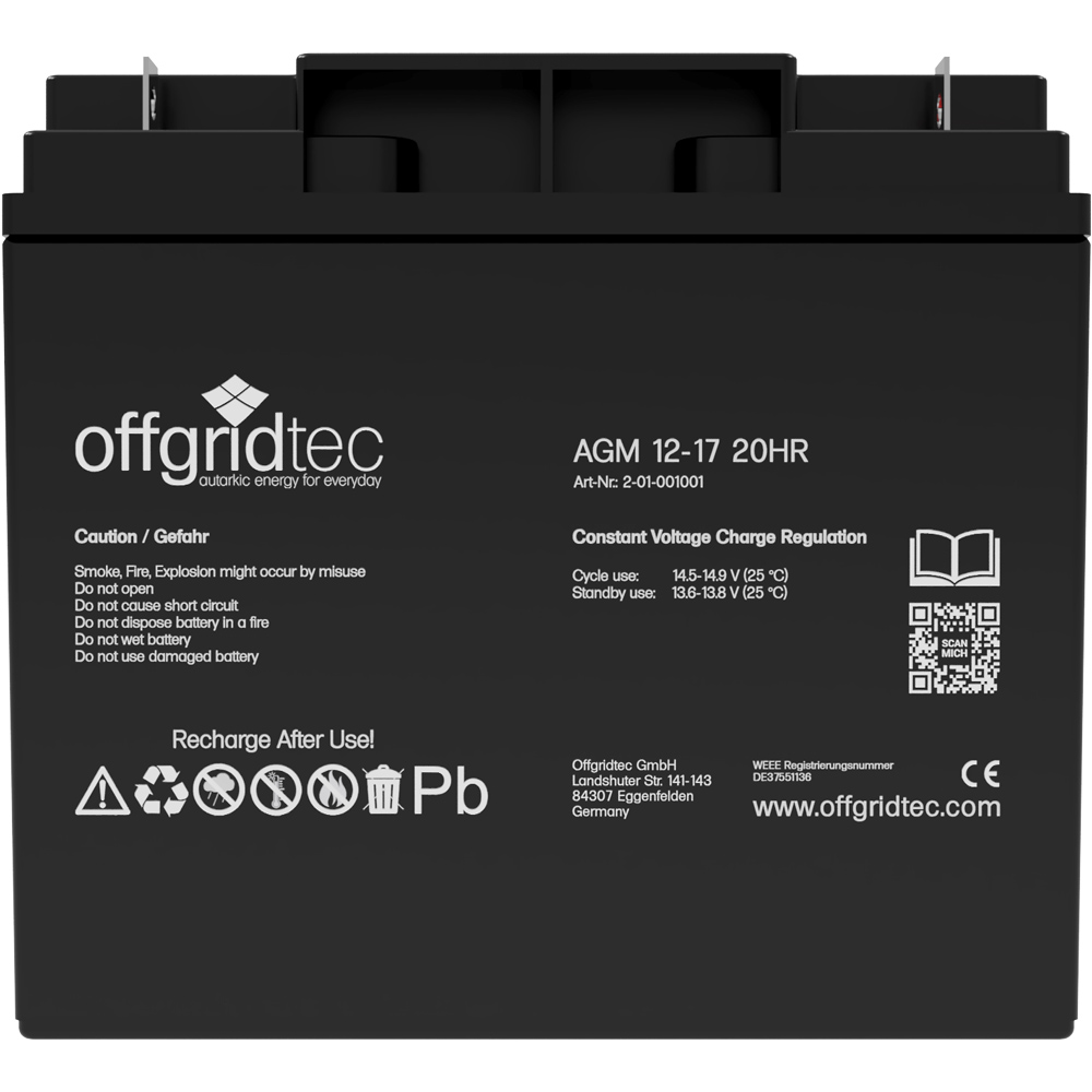 Batterie in schwarz, Ansicht von vorn, sichtbare Aufschrift und Ansteckpole