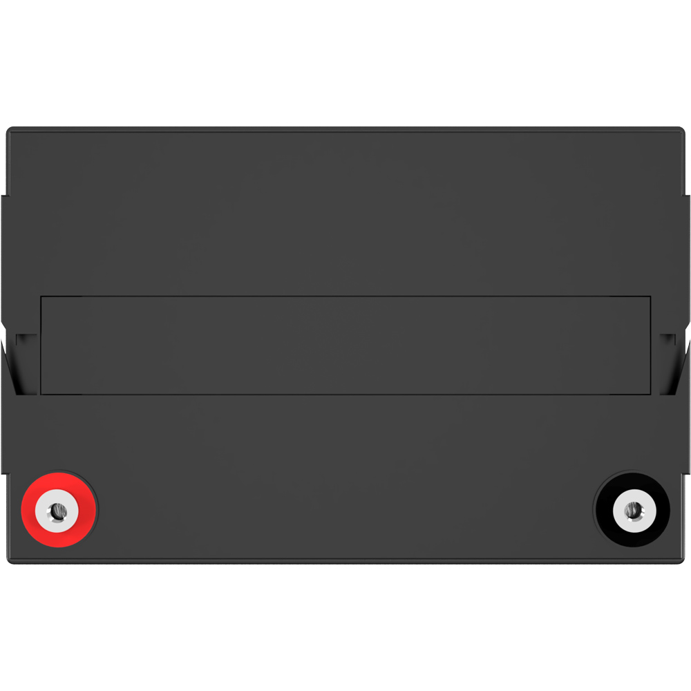 Batterie in schwarz, Ansicht von oben, sichtbare Aufschrift und Ansteckpole