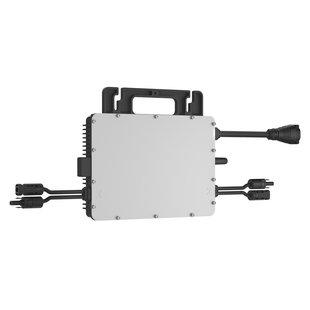 Schrägansicht von links: Schwarz-grauer Hoymiles HMS-800-2WB HiFlow Pro Wechselrichter mit Anschlüssen und Montagelöchern