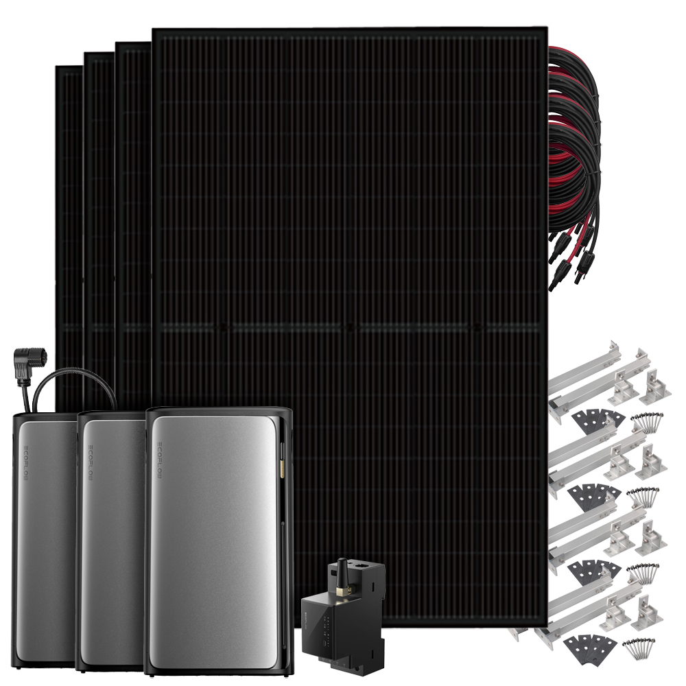 Setansicht: 4 Solarmodule, EcoFlow All-in-One Speichersystem, 2 AC Pro Batterien, Kabel, Stromzähler und Flachdach-Montageset