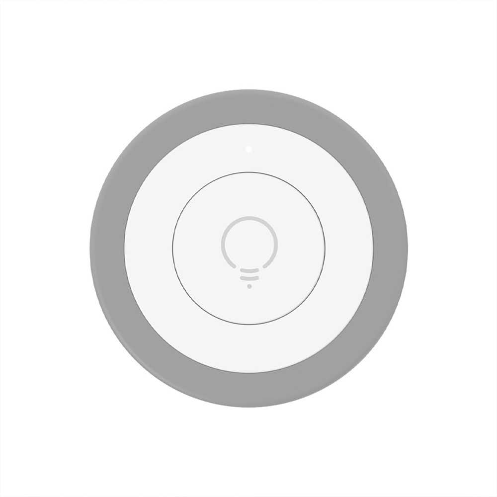 Draufsicht: Grau-weißer, runder myStrom WiFi Button zur Smart Home Steuerung