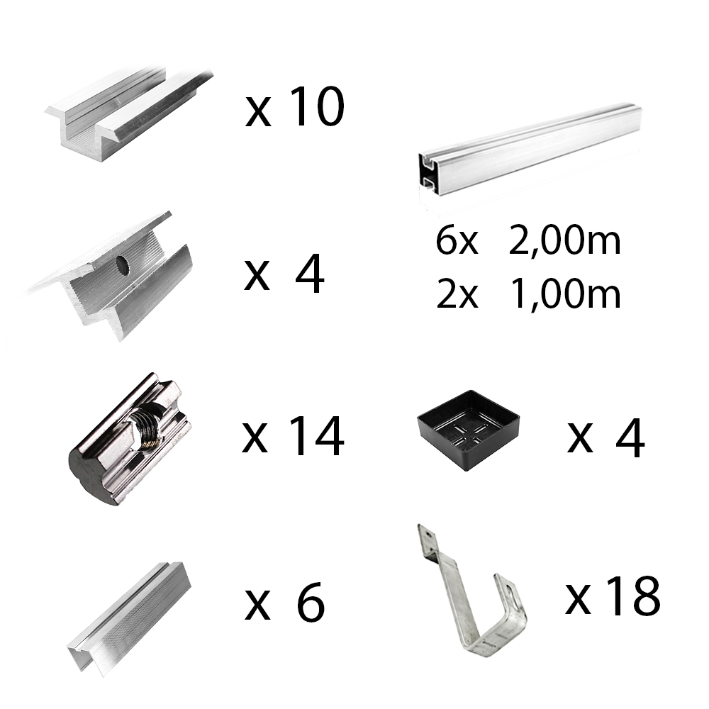 Kit de fixation avec crochets de toit en queue de castor pour montage sur toit incliné 6 panneaux solaires hauteur de cadre 40mm
