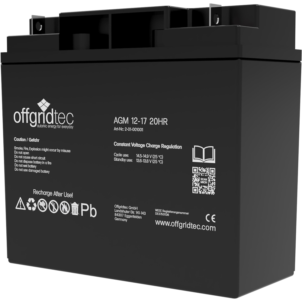 Batterie in schwarz, Ansicht schräg, sichtbare Aufschrift und Ansteckpole
