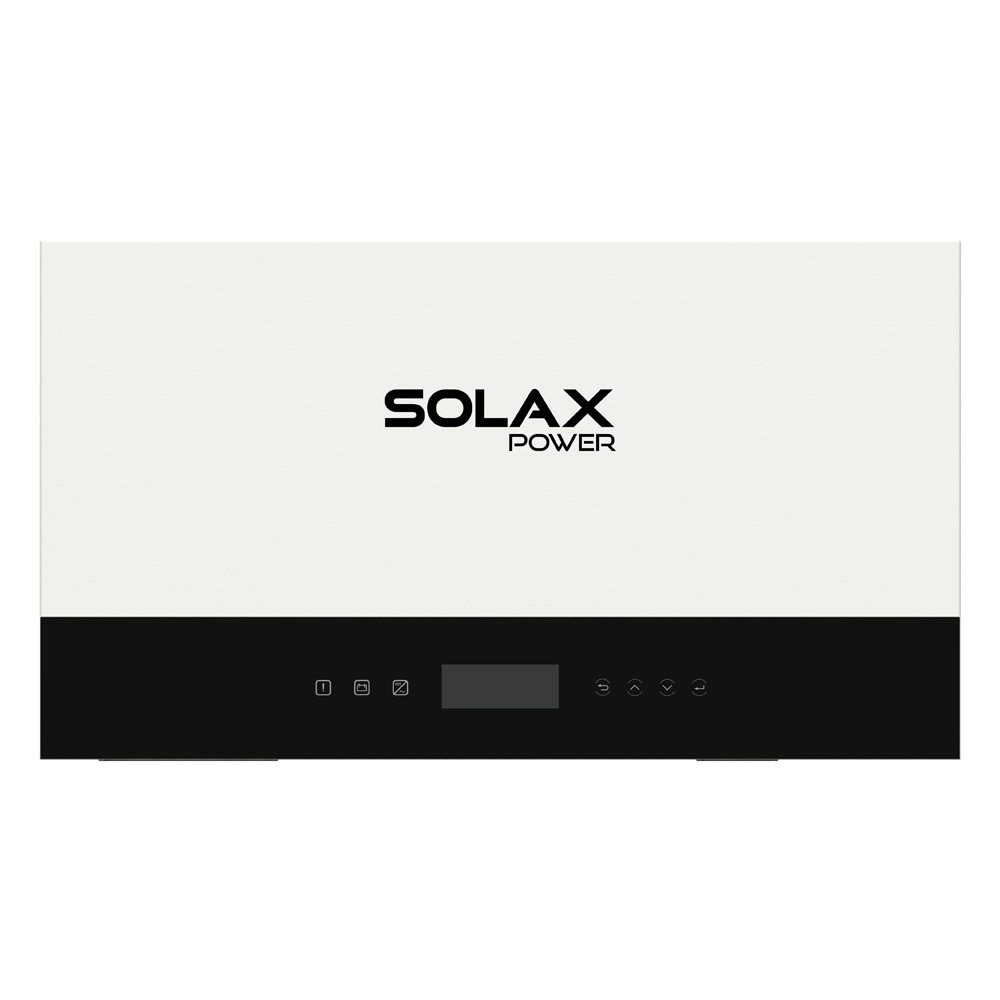 Frontansicht: rechteckiger, weißer Solax X3-IES-5K AFCI Inverter, schwarzes Bedienfeld, Display und Solax Logo Frontansicht: rechteckiger, weißer Solax X3-IES-5K AFCI Inverter, schwarzes Bedienfeld, Display und Solax Logo