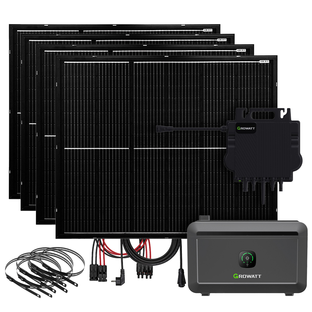 Setansicht: 4x Offgridtec Solarmodule, Kabelbinder, Growatt Inverter + Batteriemodul, Verbindungskabel