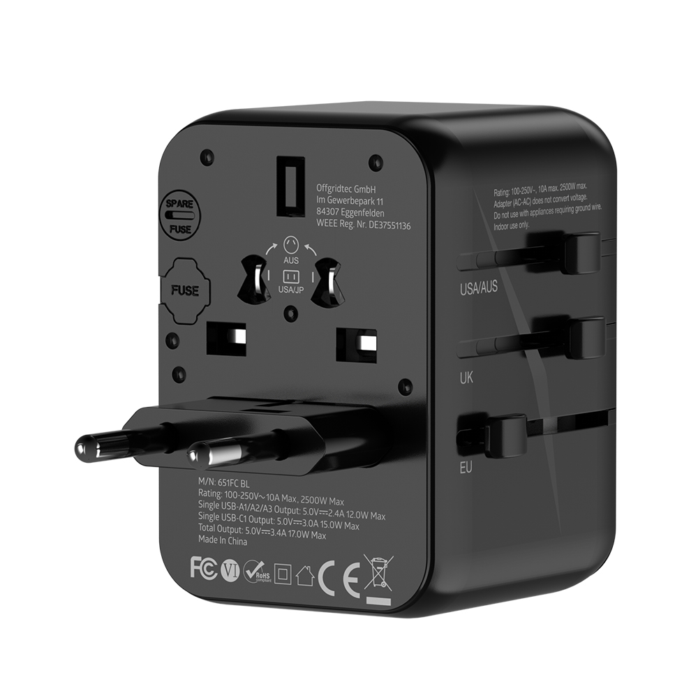 Offgridtec Travel Adapter Universal Worldwide Schuko 3x usb-a and 1x usb-c Black