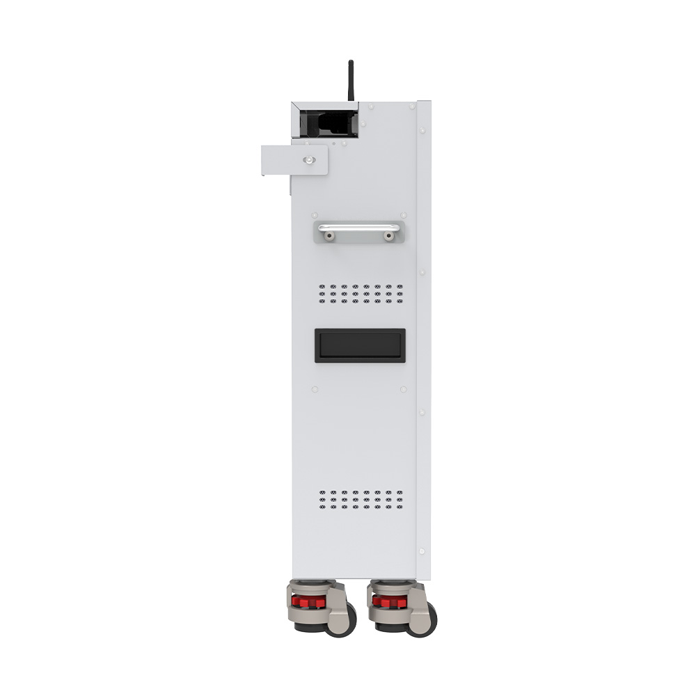 Seitenansicht eines stehenden Pytes V16 Lite LiFePO4 Batteriespeichers mit Bodenmontage, Griff und Rollen am Boden