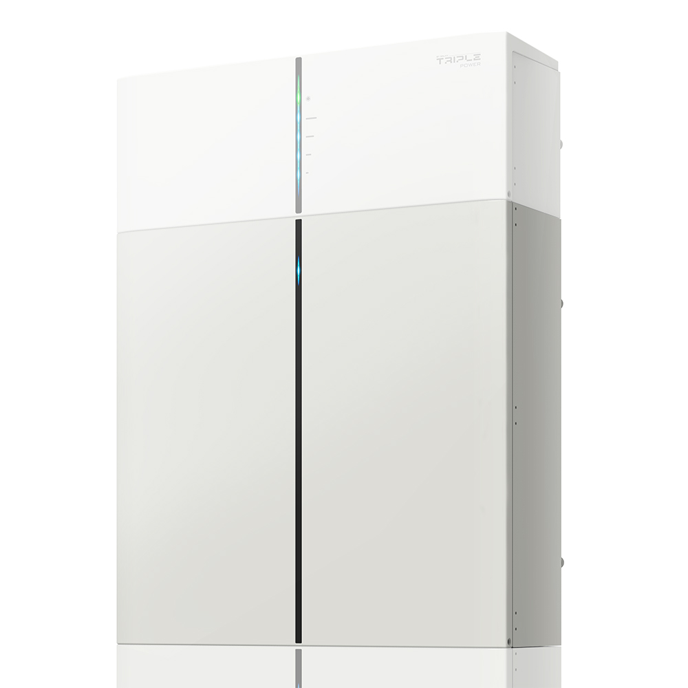 Schrägansicht rechts: Solax HV10230 LFP Batterie 3kWh in weiß mit LED-Statusleiste vorne; oben erkennt man das zugehörige BMS