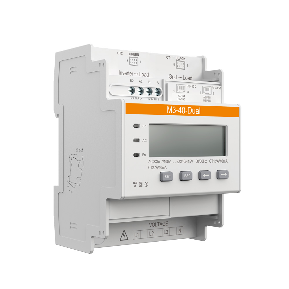 Schrägansicht von links: hellgrauer Solax M3-40-Dual Zähler, LCD, SET/ESC-Tasten und Anschlüssen