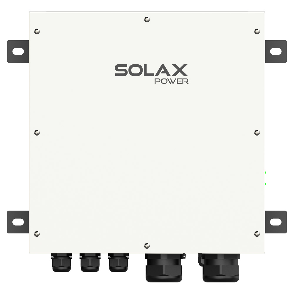 Frontansicht: Solax X3-PBOX-60kW-G2, rechteckig, weiß-schwarz, mit Montagehalterungen & Kabelverschraubungen