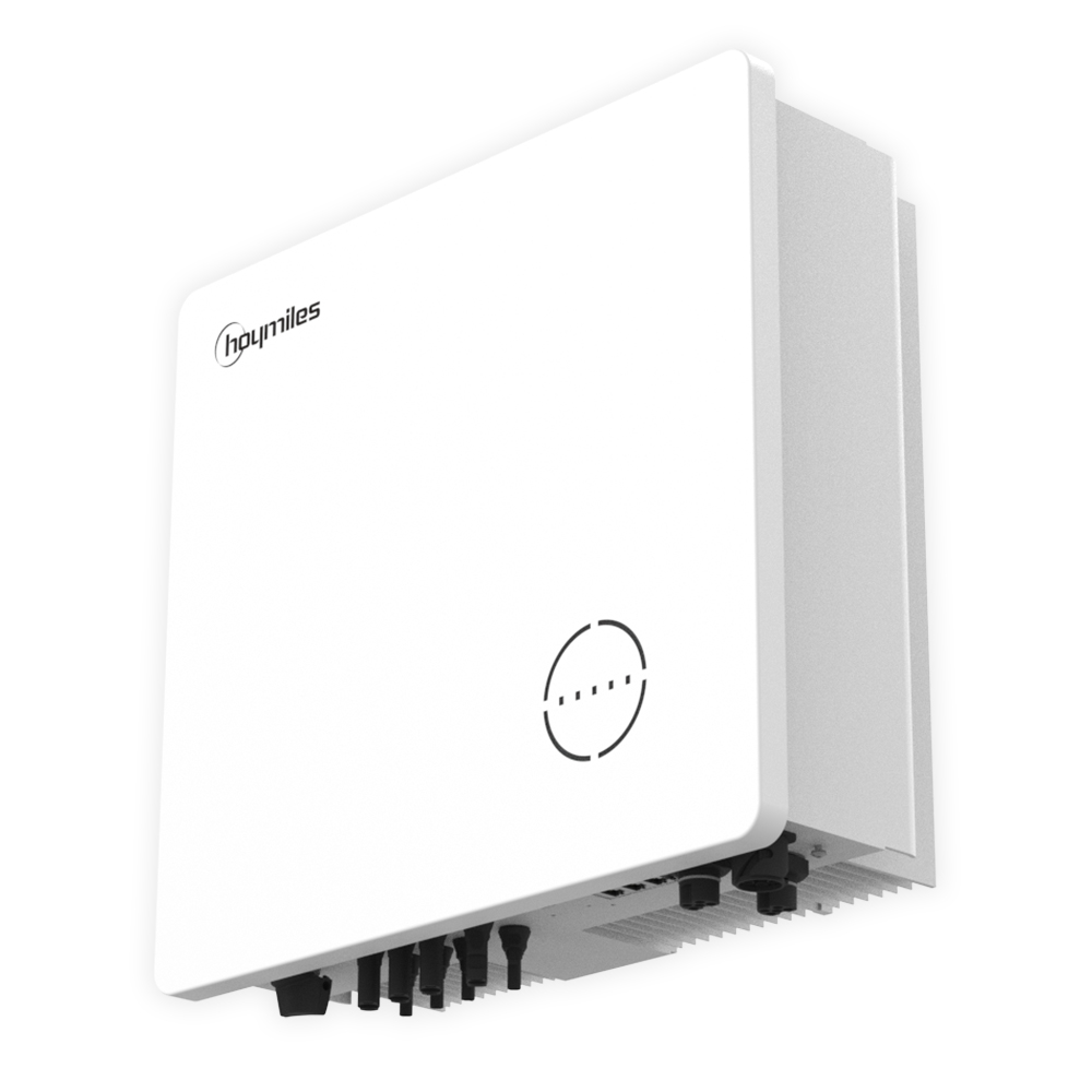 Schrägansicht von rechts unten: 3-phasiger, weißer Hoymiles HYT-12000 HV 5kW Hybrid-Inverter mit Logo und Anschlüssen unten