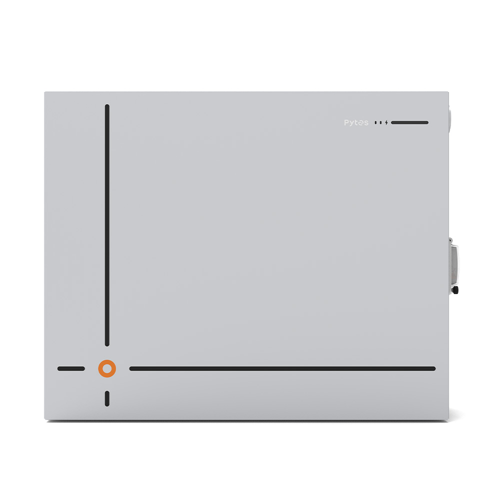 Rechteckiger Pytes V12 LiFePO4 Niedervolt Batteriespeicher mit glatter grauer Oberfläche und schwarzen Linien als Designakzent Frontansicht