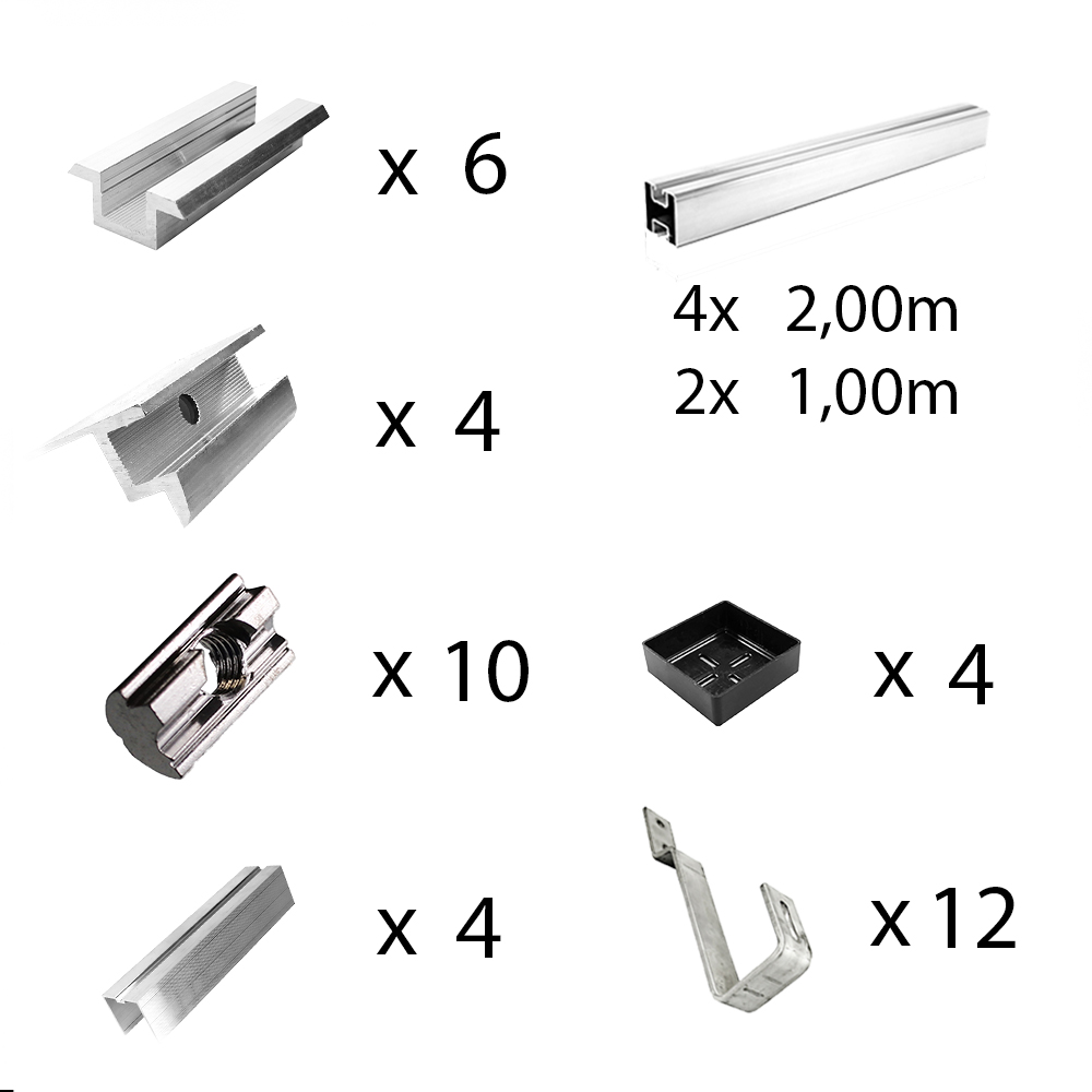 Kit de fixation avec crochets de toit en queue de castor pour montage sur toit incliné 4 panneaux solaires hauteur de cadre 40mm
