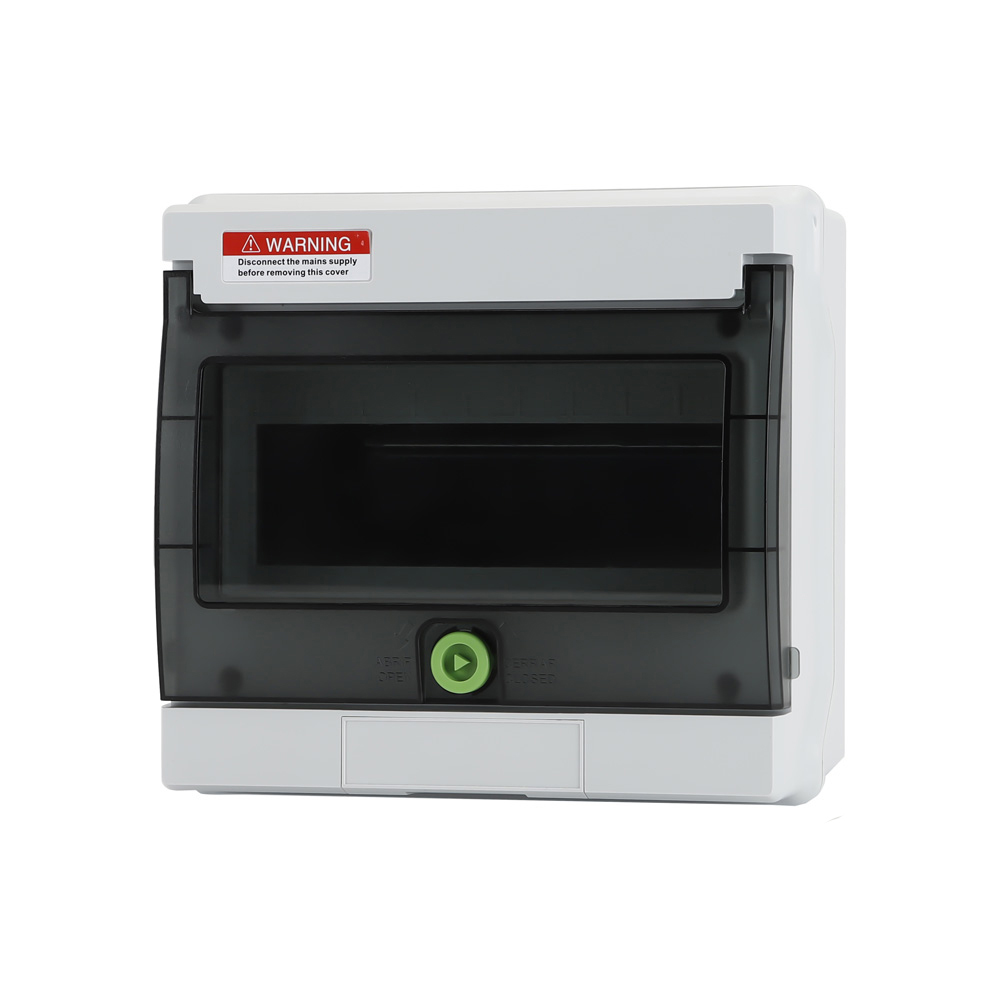 Schrägansicht: geschlossener Offgridtec Verteilerkasten mit 9 TE, graues Gehäuse, dunkle Abdeckung, grüner Verschluss Schrägansicht: geschlossener Offgridtec Verteilerkasten mit 9 TE, graues Gehäuse, dunkle Abdeckung, grüner Verschluss