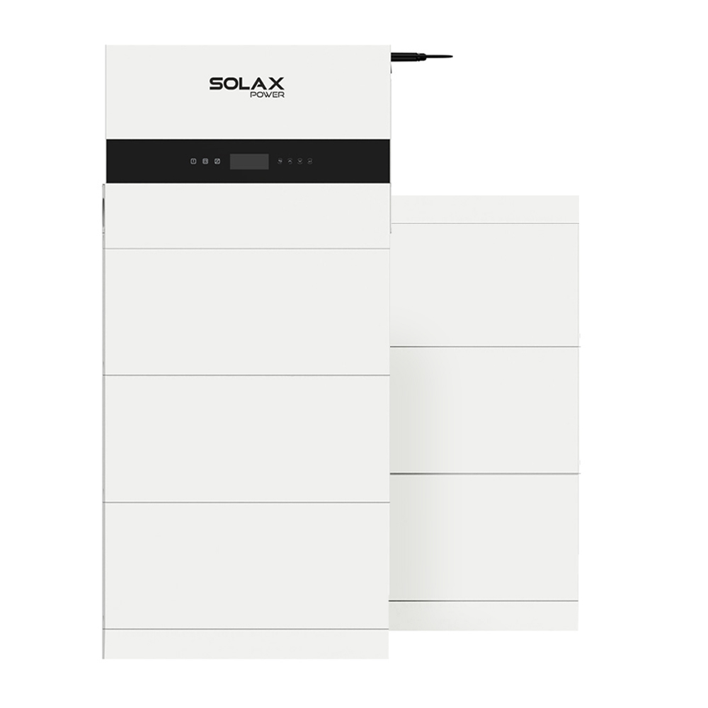 Frontansicht des weißen Solax X3-IES Speichersystems mit Wechselrichter, 6 Batterien, BMS und Series Box