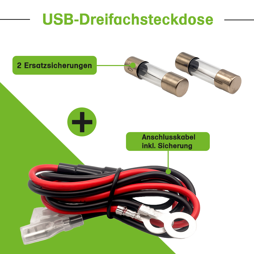 Infografik: 2 Ersatzsicherungen und rot-schwarzes Anschlusskabel mit integrierter Sicherung für USB-Dreifachsteckdose