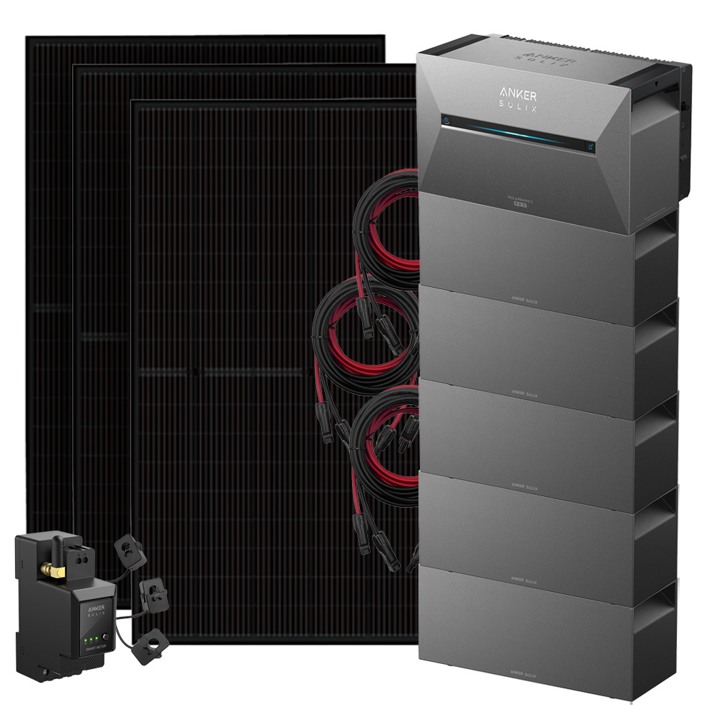 Setansicht: 3x Solarmodule, 1x Solix 3 Solarbank, 5x BP2700 Erweiterungsbatterie, 1x Stromzähler, 3x Kabel-Set