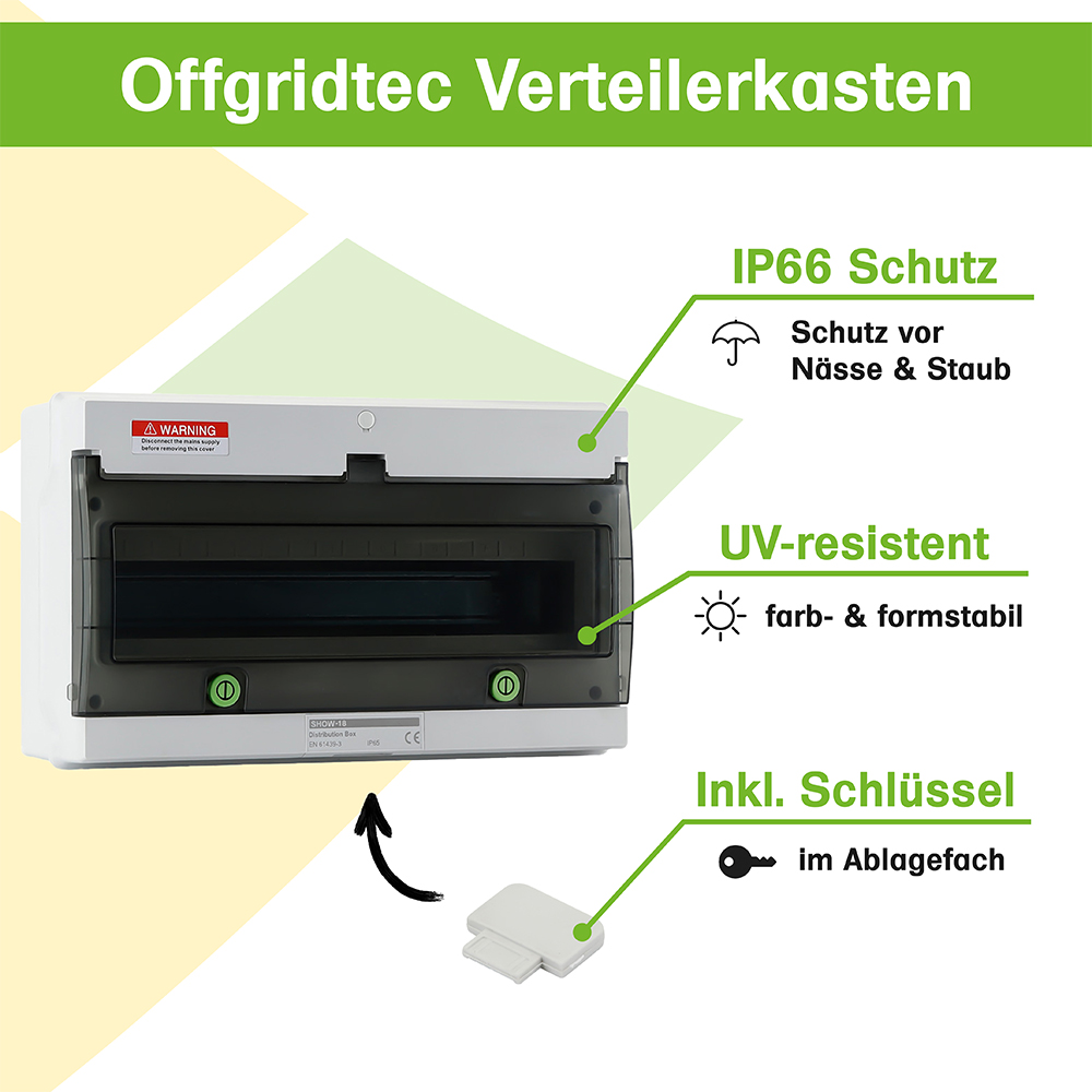 Infografik: Verteilerkasten 18 Eingänge: IP66 Schutz, UV-Resistenz, Inklusive Schlüssel in herausnehmbarem Schubfach Infografik: Verteilerkasten 18 Eingänge: IP66 Schutz, UV-Resistenz, Inklusive Schlüssel in herausnehmbarem Schubfach