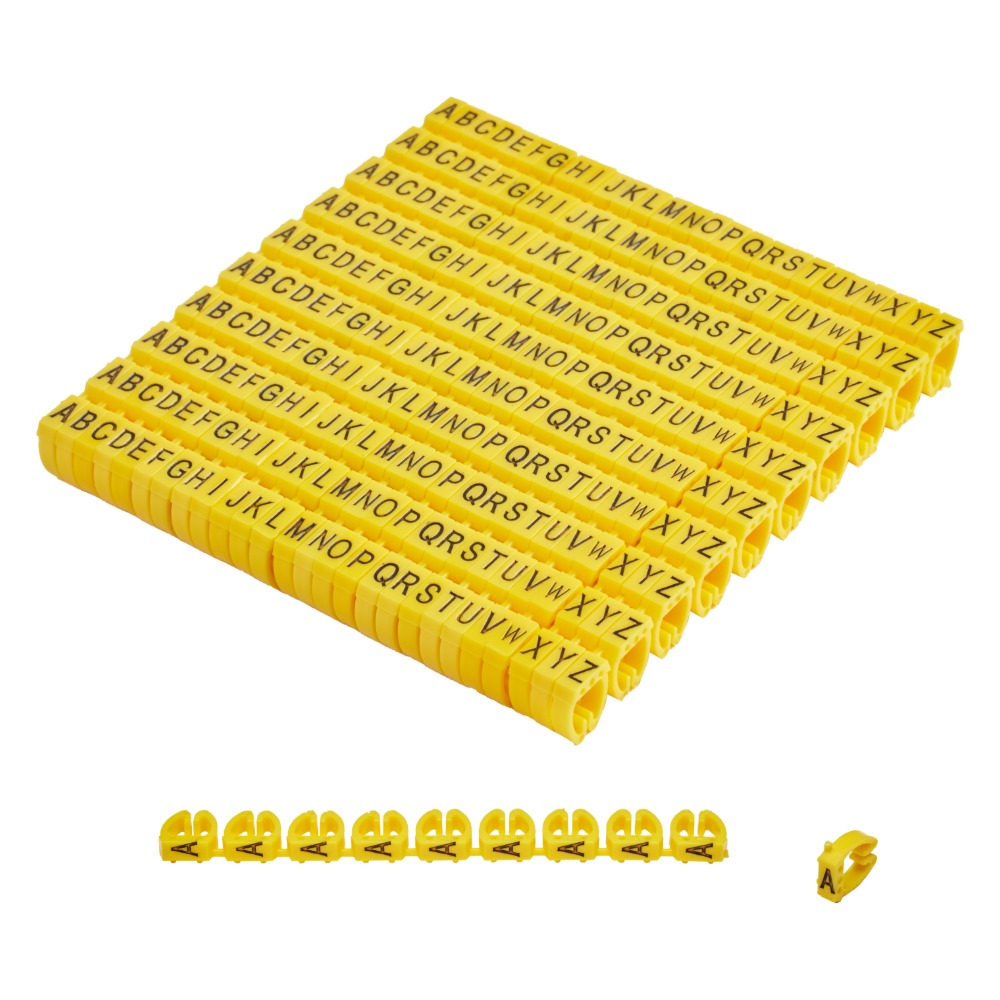 Offgridtec Cable Marker Clips A–Z, 260 pieces, for 6 mm² cables, 10 of each letter, yellow