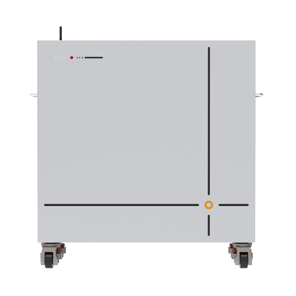 Frontansicht eines rechteckigen Pytes V16 Lite LiFePO4 Batteriespeichers mit Griffen, glatter Oberfläche, vier schwarzen Linien und einem gelben Punkt, stehend auf vier Rollen zur Bodenmontage